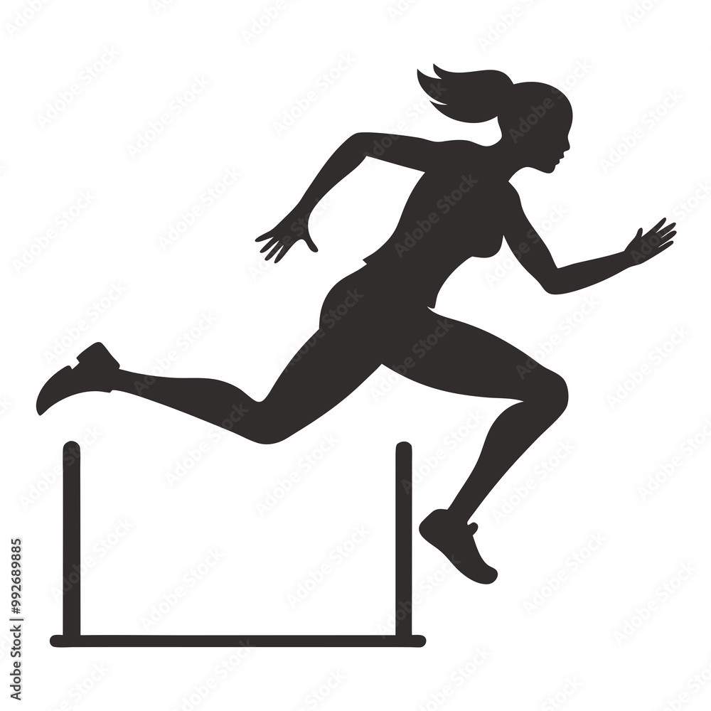 Female athlete running hurdles in athletics race, black silhouette vector art illustration Female athlete running hurdles in athletics race, black silhouette vector art illustration