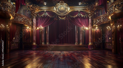 A baroque-inspired stage with dark mahogany floors and ambient golden lighting, The heavy burgundy curtains are richly decorated with gold patterns