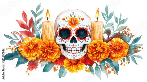 Colorful sugar skull surrounded by marigold flowers and candles, beautiful festive design.