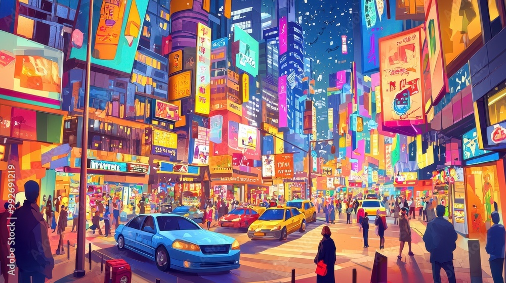 A digital art illustration using vibrant, bright colors to depict a bustling cityscape with people, A digital art illustration using vibrant, bright colors to depict a bustling cityscape with people,