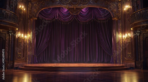 A richly decorated stage with ornate woodwork and ambient soft lighting, The curtains are deep purple with golden accents