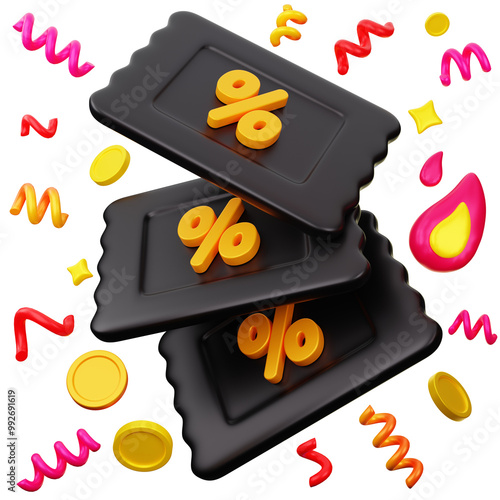 3d illustration composition of black tickets vouchers with a percent sign, around moneta, confetti, fire sign. Sale concept, discount coupons, png.