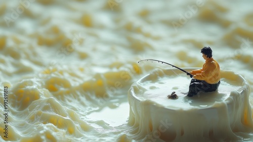 A miniature figure fishing on a creamy surface resembling a lake. photo