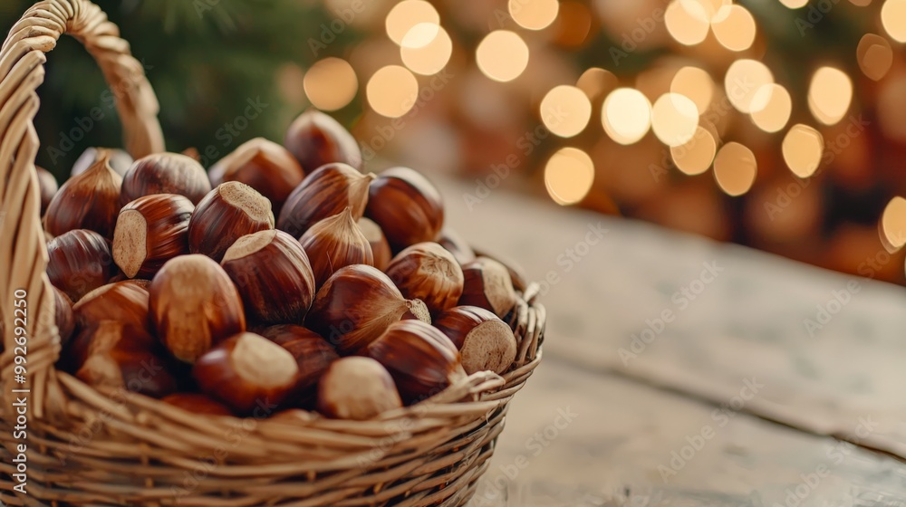 roasted brown chestnuts in a basket on a blurry christmas background roasted brown chestnuts in a basket on a blurry christmas background