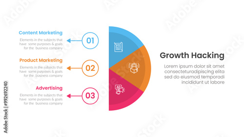 growth hacking infographic 3 point with vertical half circle with outline circle and arrow for slide presentation