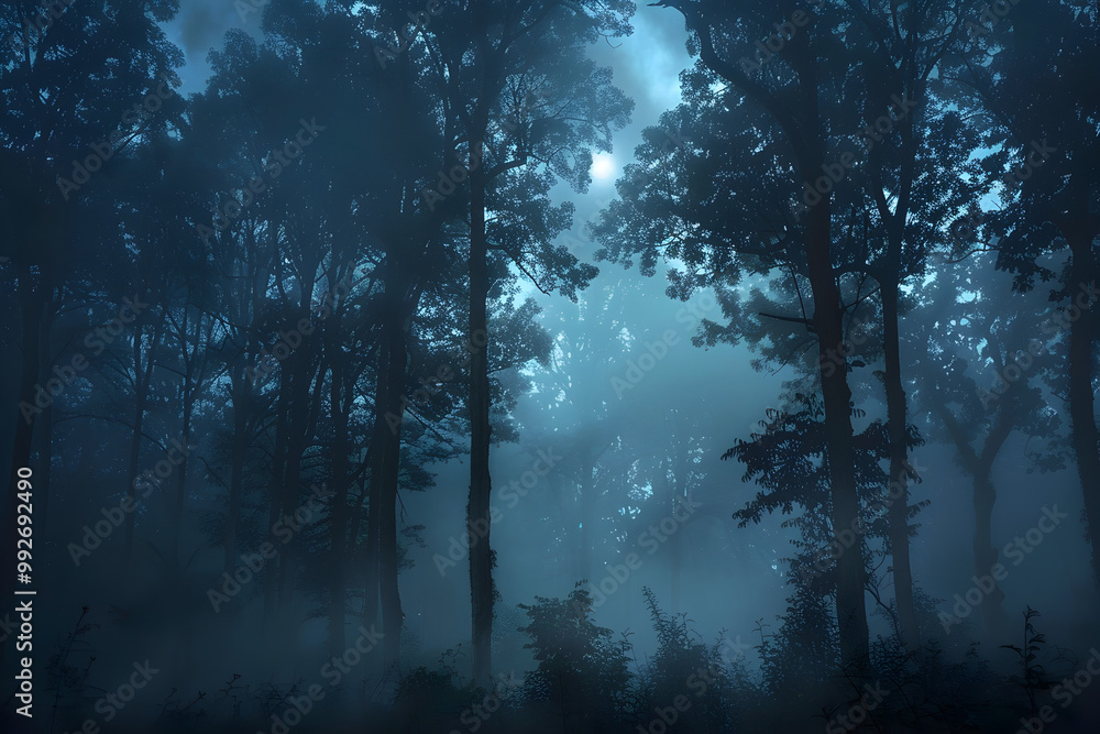 Obraz premium A forest at night with a full moon shining through the trees