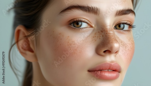 Radiant Close-up Portrait of Woman with Fresh Skin, Natural Makeup, and Freckles in Soft Lighting for Skincare and Beauty Inspiration