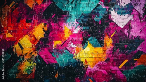 Abstract graffiti wall with pixelated art, blending street art with digital patterns