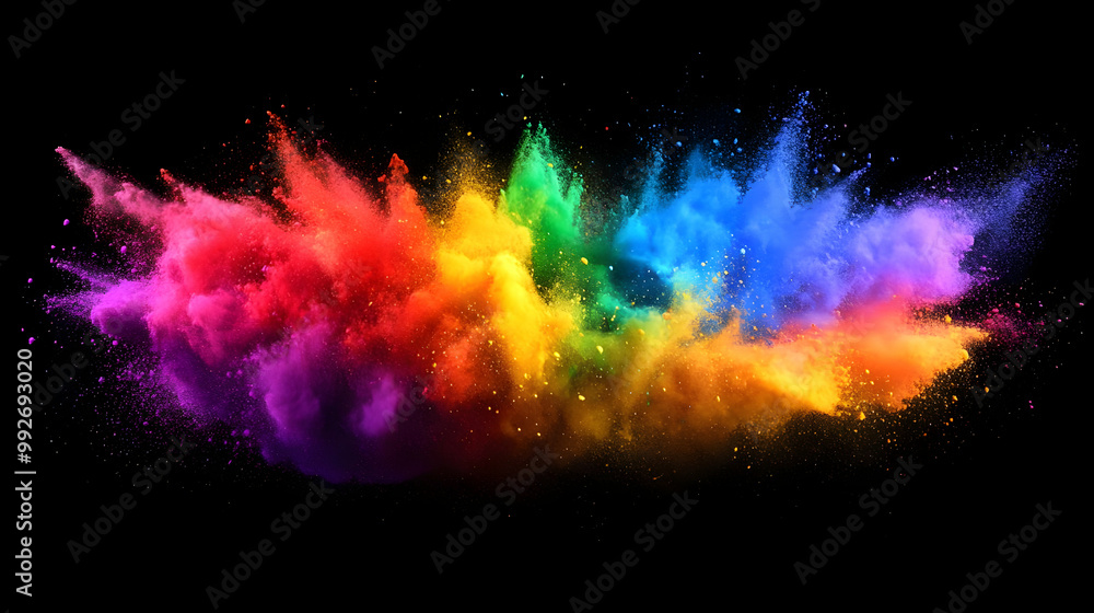 A Vivid Rainbow of Powder Explodes Against a Black Background, Creating a Stunning Visual Display of Color and Movement A Vivid Rainbow of Powder Explodes Against a Black Background, Creating a Stunning Visual Display of Color and Movement