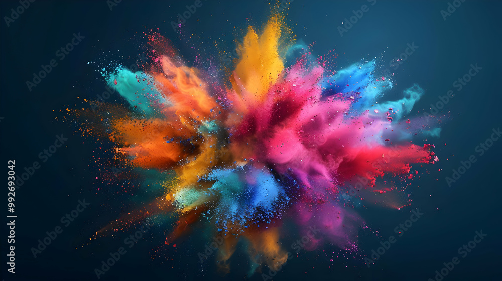 A Vibrant Explosion of Colors in a Burst of Powder on a Deep Blue Background A Vibrant Explosion of Colors in a Burst of Powder on a Deep Blue Background