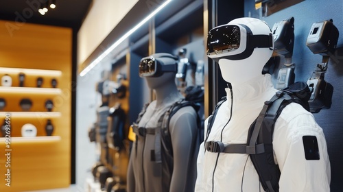 A display showcasing advanced virtual reality gear including headsets and suits in a modern tech environment.