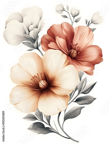 A beautiful illustration of soft-colored flowers with delicate petals and leaves, showcasing elegance and natural beauty.