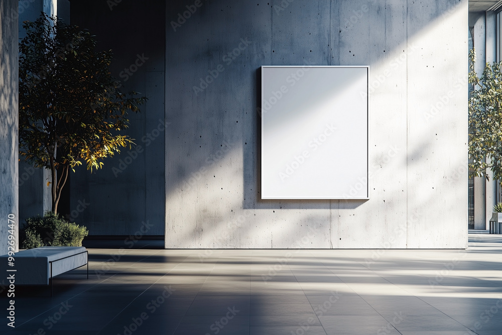 An empty gallery space with concrete walls, a blank canvas hung prominently, and soft natural light illuminating the area. An empty gallery space with concrete walls, a blank canvas hung prominently, and soft natural light illuminating the area.