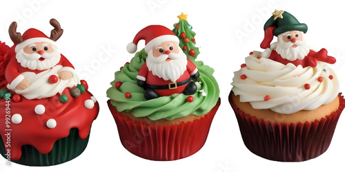 A red and green Christmas cupcake with a Santa Claus figurine on top, surrounded by other festive cupcakes with a Transparent Background