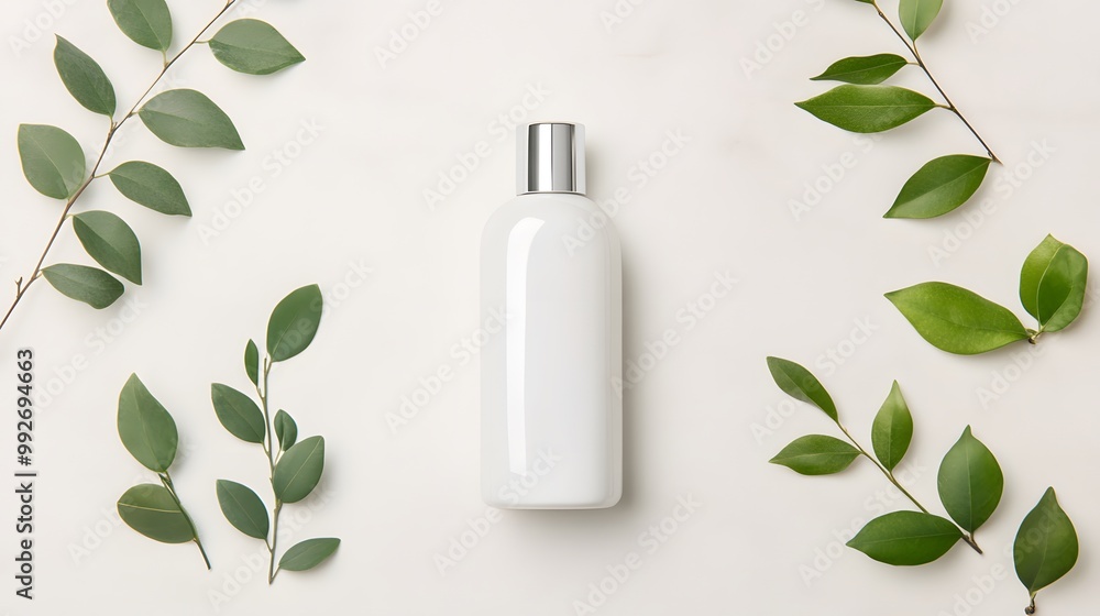 A minimalist white bottle surrounded by green leaves, showcasing a fresh and natural aesthetic ideal for skincare or cosmetic products. A minimalist white bottle surrounded by green leaves, showcasing a fresh and natural aesthetic ideal for skincare or cosmetic products.