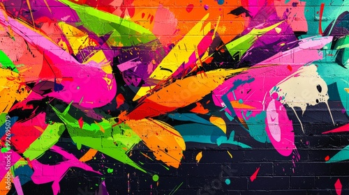 Energetic graffiti wall with explosive paint splashes, chaotic composition