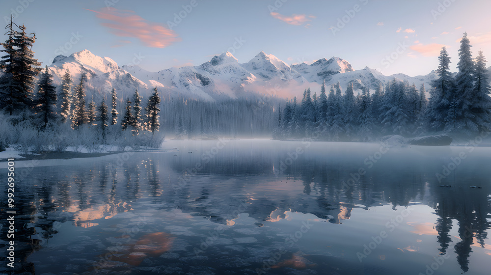 Fototapeta premium A serene and peaceful scene of a lake surrounded by snow-covered mountains