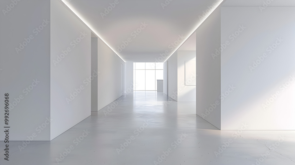 Fototapeta premium A large, empty hallway with white walls and a white floor