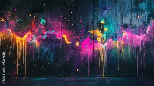 Graffiti wall with abstract light patterns, street art blending neon lights and bright splashes of paint