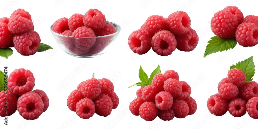 Ripe red raspberries in a glass bowl, close-up shots of individual raspberries, and a cluster of raspberries with a Transparent Background Ripe red raspberries in a glass bowl, close-up shots of individual raspberries, and a cluster of raspberries with a Transparent Background