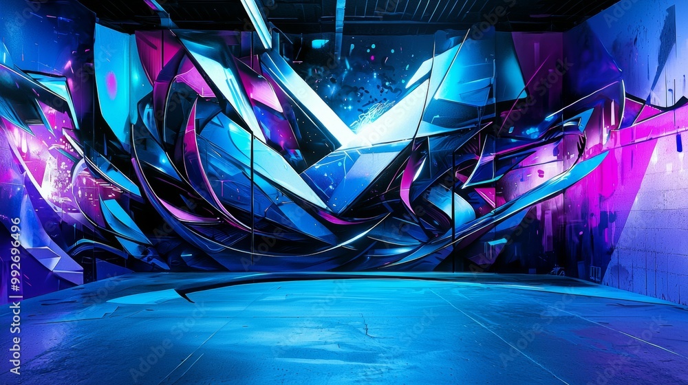 Naklejka premium Graffiti wall with futuristic cityscapes, sleek urban architecture blending into abstract street art