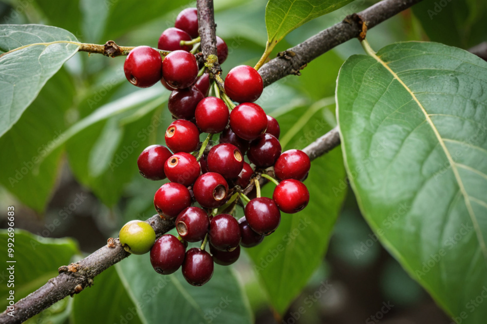 Close-Up of Ripe Red Coffee Cherries on Coffee Tree Branch with Green Leaves - Organic Coffee Bean Plant Close-Up of Ripe Red Coffee Cherries on Coffee Tree Branch with Green Leaves - Organic Coffee Bean Plant