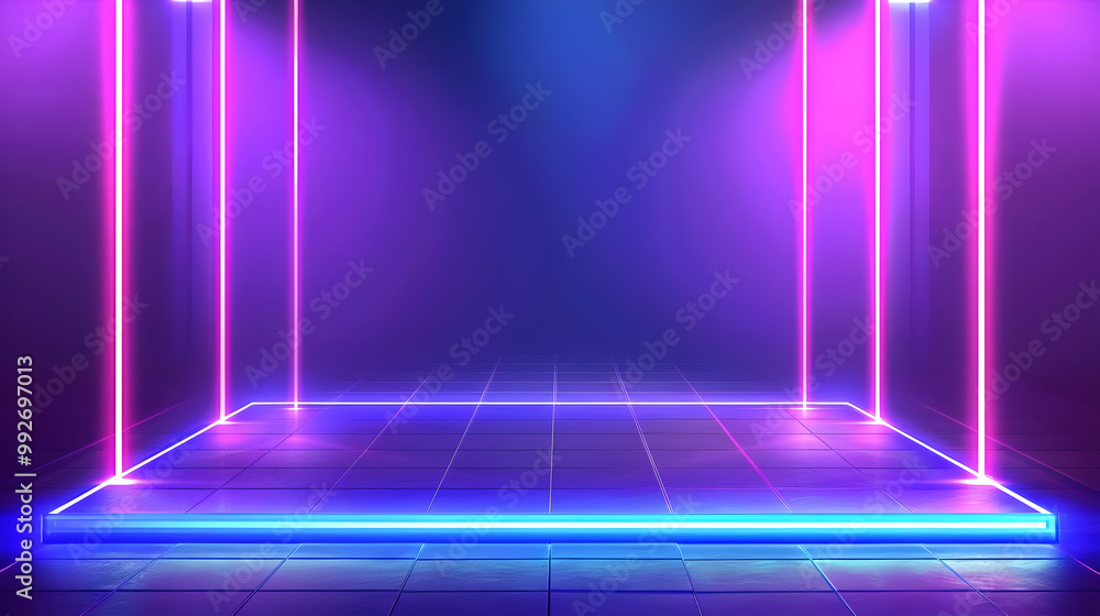 A 3D Rendered Scene of a Neon Glowing Platform with Pink and Blue Lights in a Dark Room A 3D Rendered Scene of a Neon Glowing Platform with Pink and Blue Lights in a Dark Room