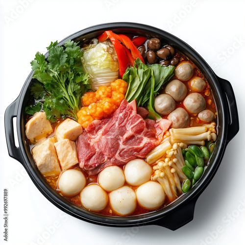 Chinese hot pot meal with meat, seafood and vegetables
