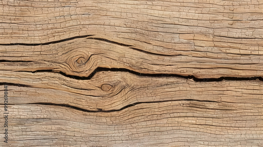 Naklejka premium Close-up of Weathered Wood with Knots and Cracks, Showing Natural Texture and Grain Pattern