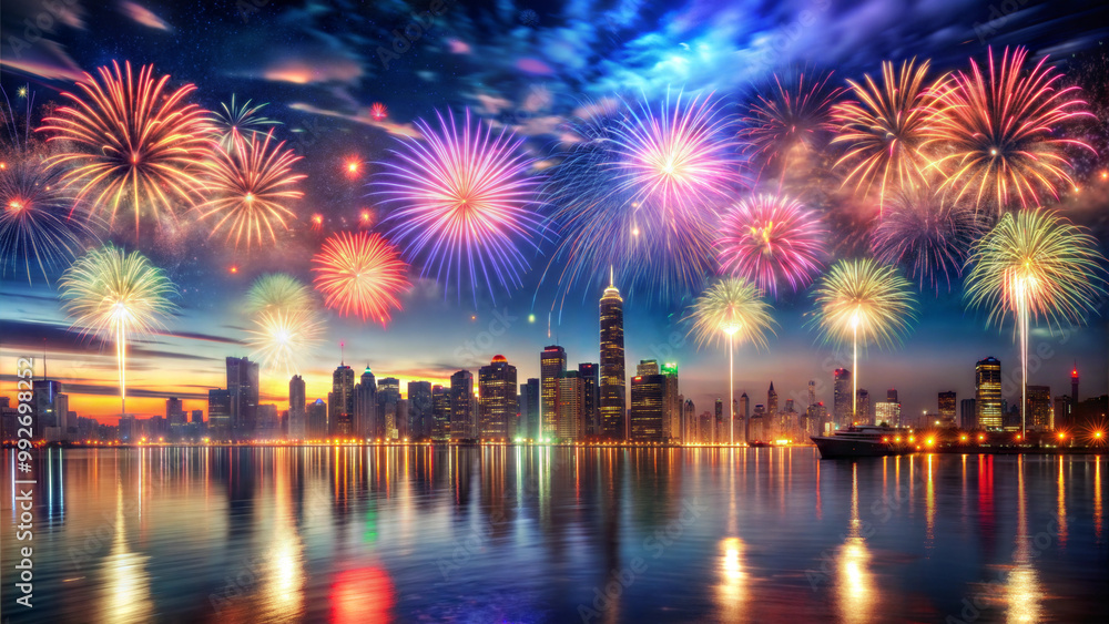 Obraz premium Fireworks Over City Skyline Reflecting on Water, Vibrant Night Celebration