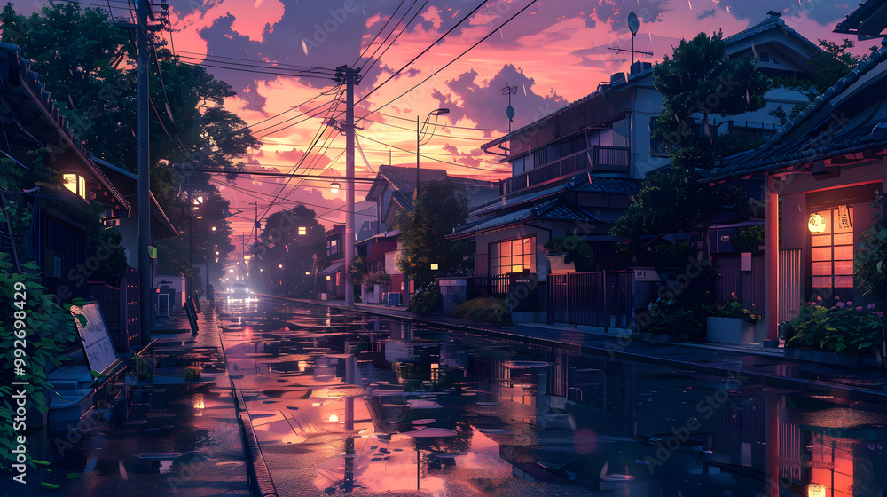 Fototapeta premium A beautiful japanese tokyo city town in the evening. houses at the street. anime comics artstyle. cozy lofi asian architecture. 16:9 4k resolution
