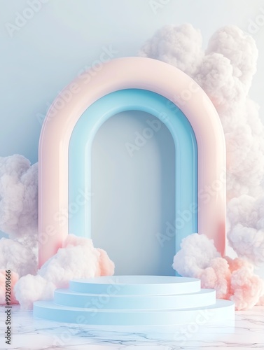 Sophisticated minimal scene featuring a podium amidst an abstract pastel blue and white geometric environment, ideal for banners