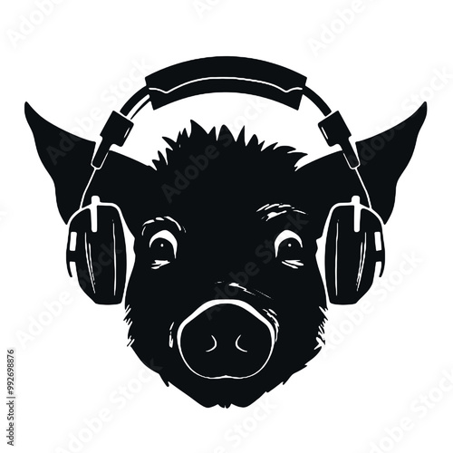 cool pig wearing   headphones silhouette vector illustration transparent background