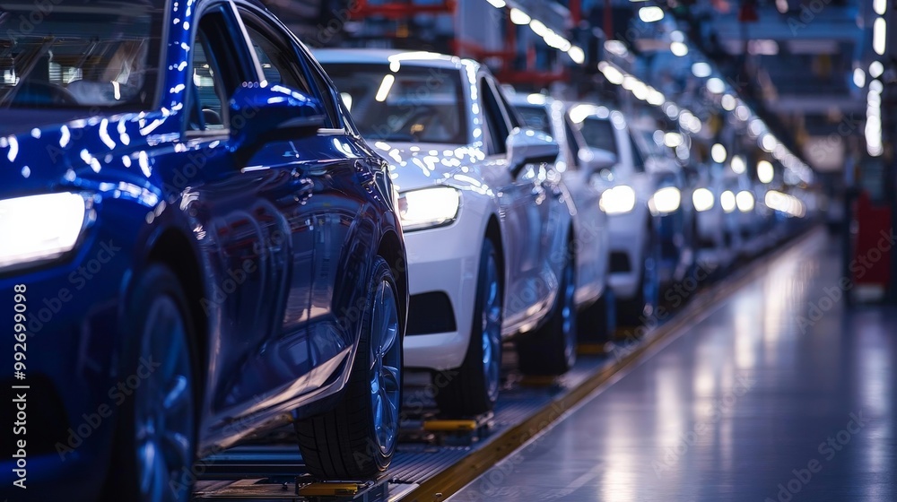 A row of brand-new cars moving along an assembly line, robotic arms performing precise tasks, industrial lighting illuminating the scene A row of brand-new cars moving along an assembly line, robotic arms performing precise tasks, industrial lighting illuminating the scene