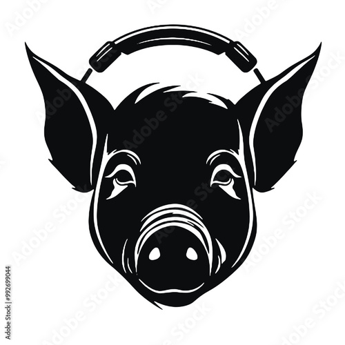 cool pig wearing headphones silhouette vector illustration transparent background