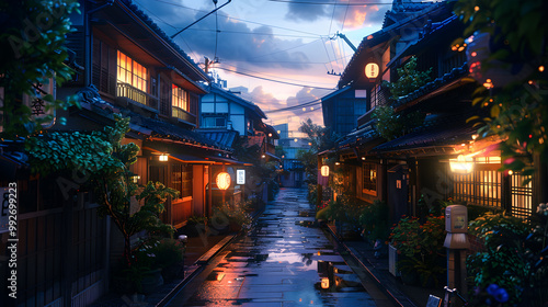 A beautiful japanese tokyo city town in the evening. houses at the street. anime comics artstyle. cozy lofi asian architecture. 16:9 4k resolution