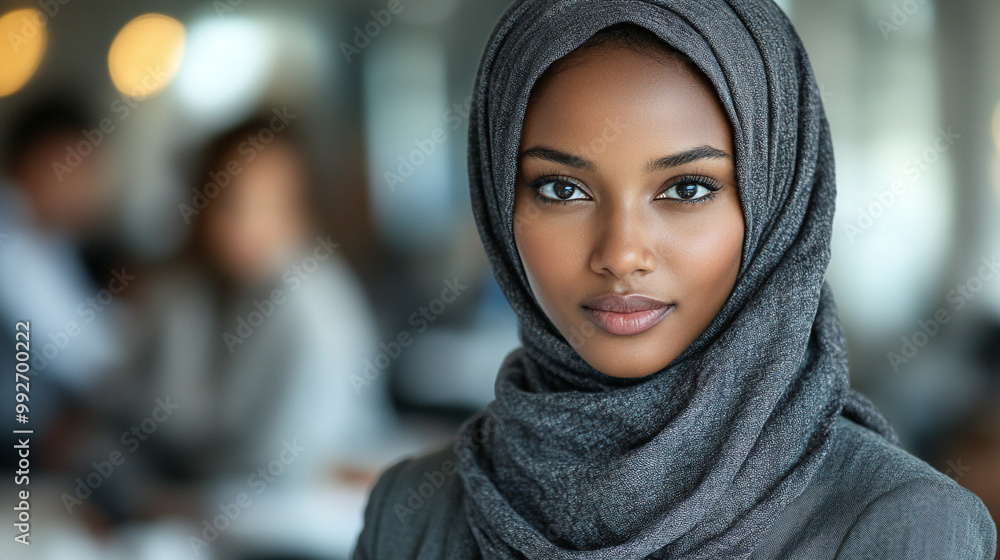 A confident young woman wearing a stylish gray hijab, showcasing grace and professionalism in a modern workspace. A confident young woman wearing a stylish gray hijab, showcasing grace and professionalism in a modern workspace.