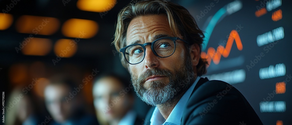 Businessman looking at a graph with a thoughtful expression. Businessman looking at a graph with a thoughtful expression.