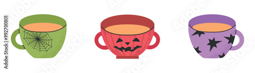 Halloween set collection with cups coffee, hot chocolate, tea, pumpkin latte isolated on white