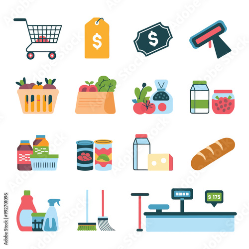 illustrations vector sale offer supper market items icon  for juice and basket ,label ,price , fruits , others 
