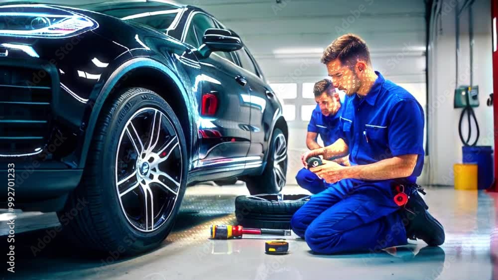 Two mechanics working on a car in a garage. Two mechanics working on a car in a garage.