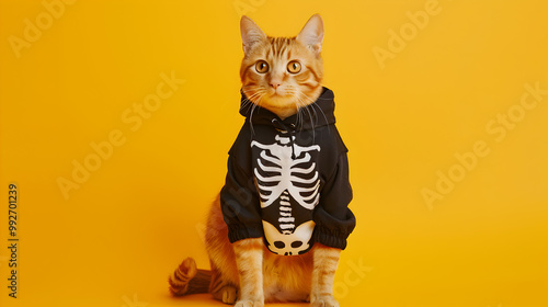 A cat is wearing a Halloween costume with a skeleton on it