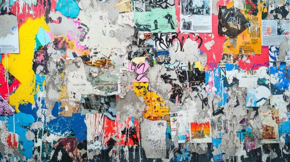 Fototapeta premium Urban graffiti wall with layered street art, featuring old posters torn away