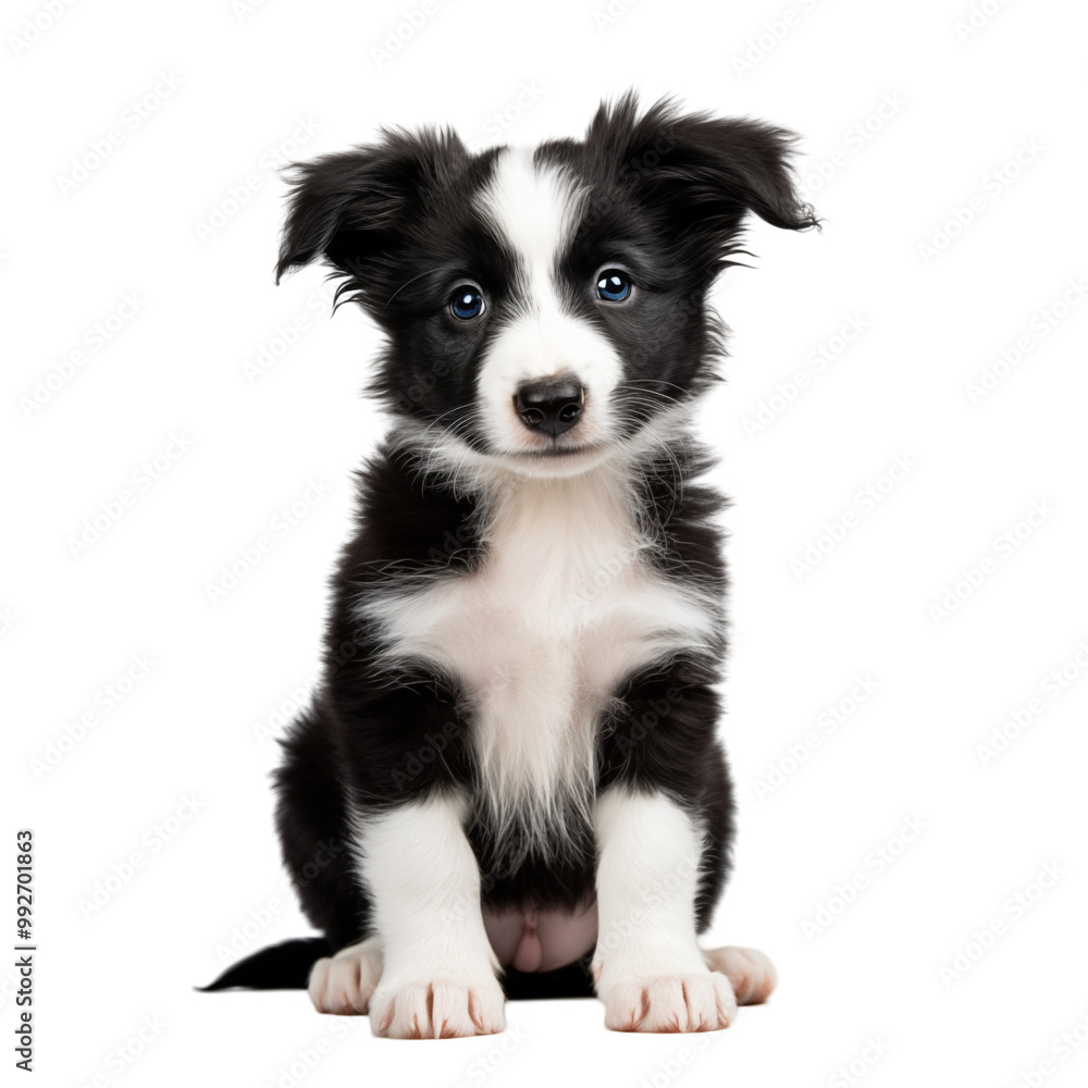 Fototapeta premium Cute Black And White Puppy With Blue Eyes Sitting On A White Background