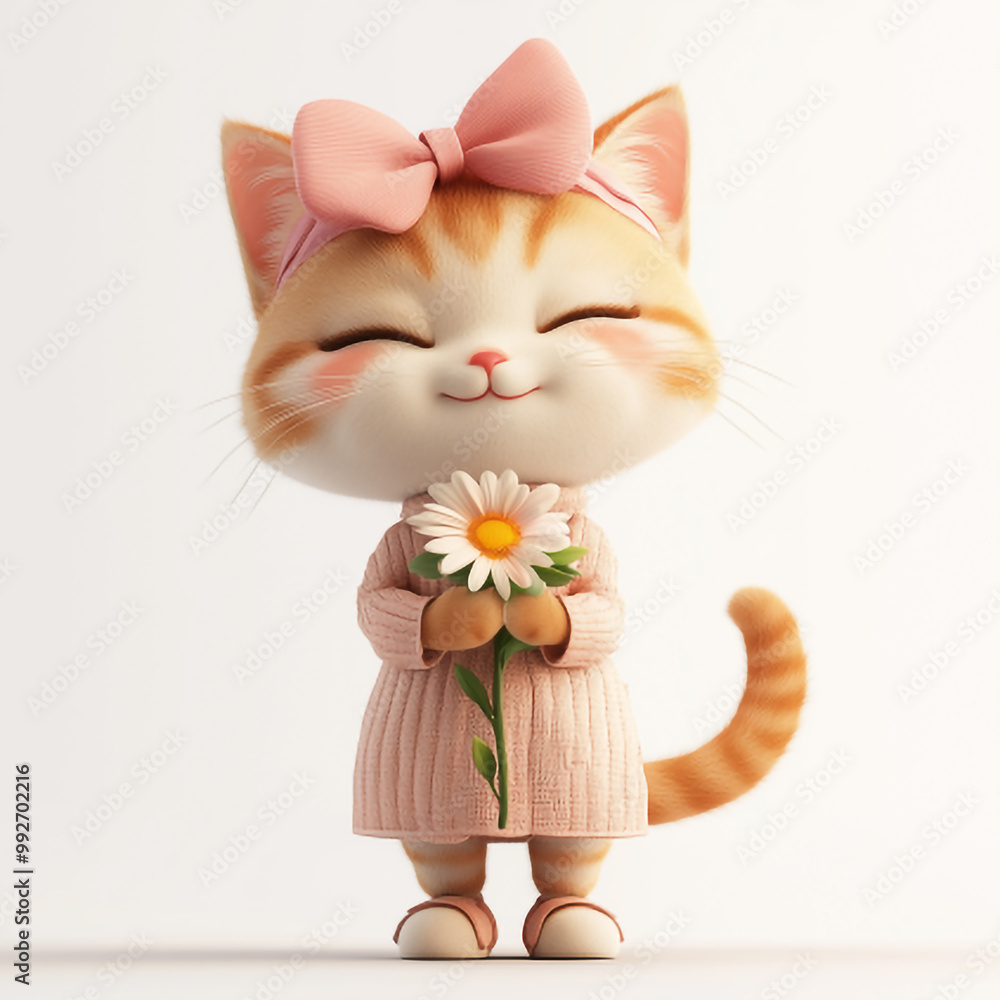 a 3D cat wearing a pink ribbon and holding a pretty flower a 3D cat wearing a pink ribbon and holding a pretty flower