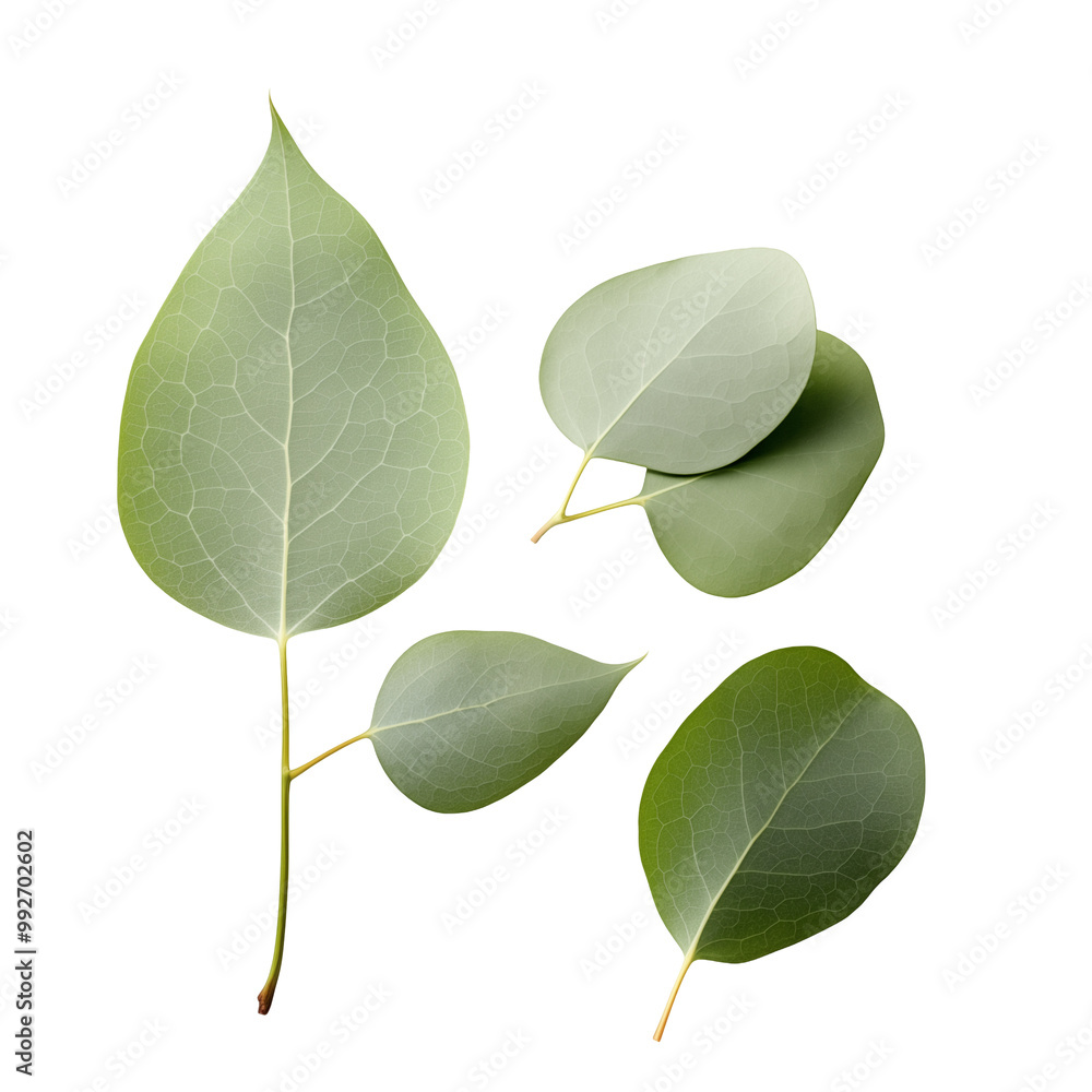 Obraz premium Minimalist Flat Lay Of Four Eucalyptus Leaves On A Clean White Background