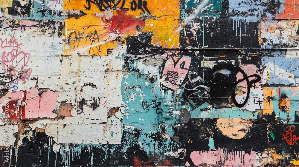 Fototapeta premium Weathered graffiti wall, faded paint and worn textures