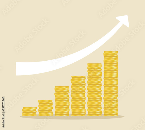 ベージュ色の背景の上昇する金貨のグラフのベクターイラスト画像