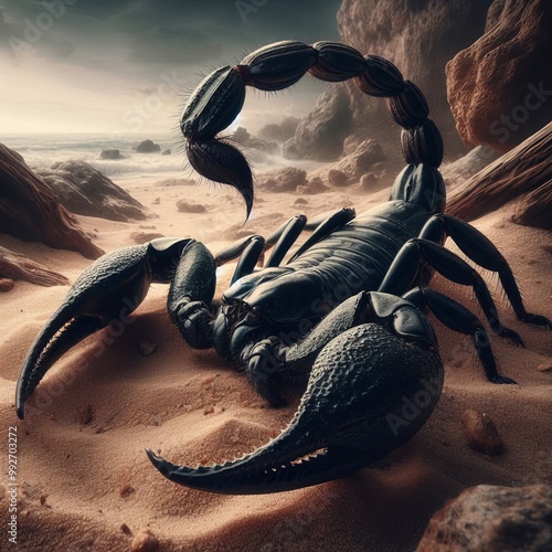 black scorpion on desert background photo