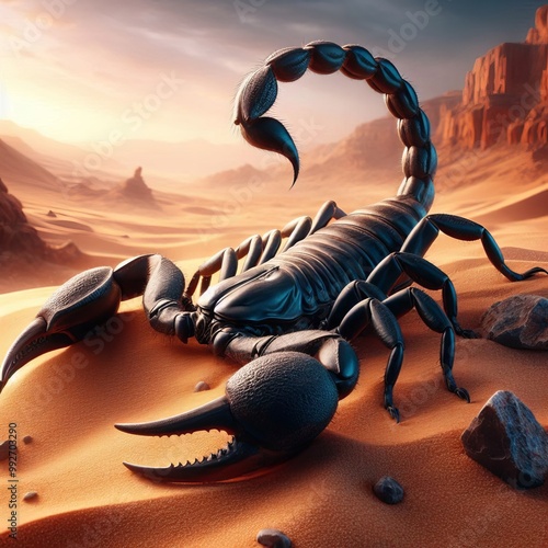 black scorpion on desert background photo